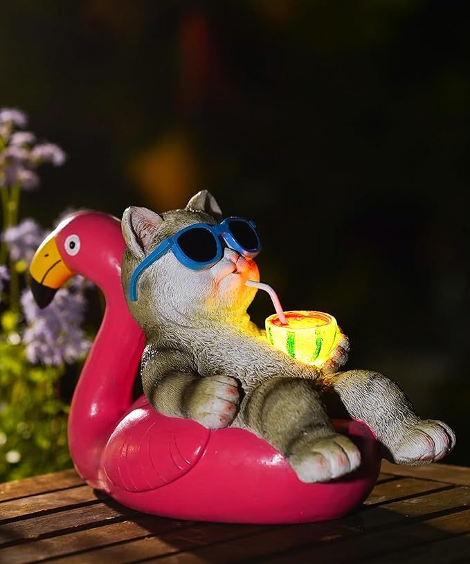 Cat Lying Flamingo Solar Statue: Outdoor Sculptures Clearance for Lawn Porch Patio Balcony Yard - Gifts for Mom Women