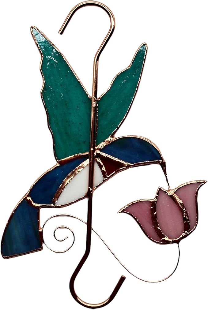 Plant Hanger Hook - Hummingbird with Pink Flower - Stained Glass Sun Catcher Plant Hook for Indoor and Outdoor Use - Copper S Hooks Top and Bottom