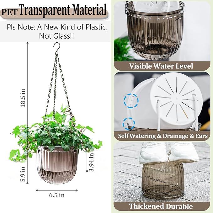 Melphoe 2 Pack Self Watering Hanging Planters Indoor Flower Pots, 6.5 Inch Outdoor Hanging Plant Pot Basket, Plant Hanger with 3Hooks Drainage Holes for Garden Home (Gray)