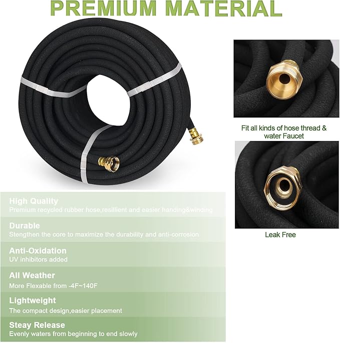 Soaker Hose with Solid Brass Connectors 150 FT for Garden Beds 1/2 Inch Rubber Longer Lasting Drip Irrigation Save 70% of Water Various Accessories Great for Lawn and Yard