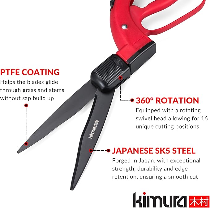 Kimura® Pro Grass Shears - Premium Lawn Shears with 360° Rotating Head, Japanese SK5 Steel Blades, Lightweight, Ergonomic TPR Coated Handles, Garden Shears for Edging and Trimming - 15" Grass Clippers