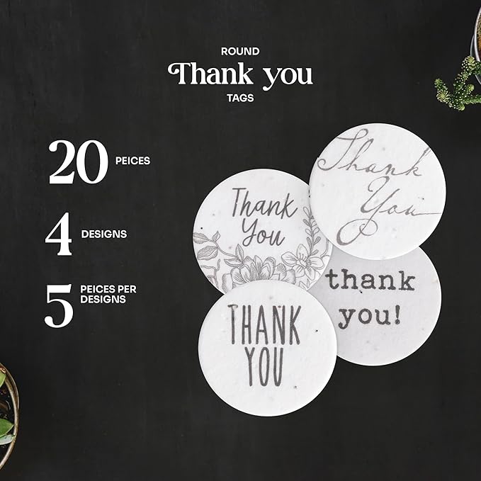 20pcs Thank You Tags Seed Paper – Plantable Wildflower Packets for Weddings, Gifts, & Life Events (20 Round Assorted)