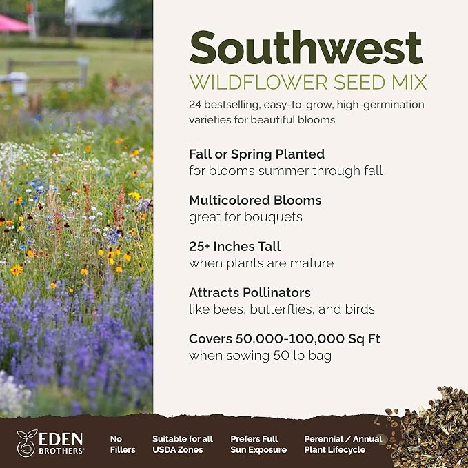 Eden Brothers Southwest Wildflower Mixed Seeds for Planting, 50 lb, 24,000,000+ Seeds with Cornflower, Blanket Flower | Attracts Pollinators, Plant in Spring or Fall, Zones 3, 4, 5, 6, 7, 8, 9, 10