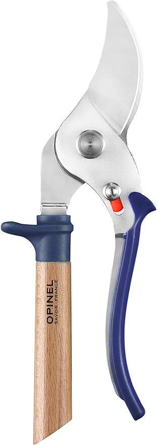 Opinel Hand Pruning Shears with non-slip beech wood handle perfect for bypass trimmers, garden, hedge, lawn clippers or hand scissors with stainless steel blade (Blue)