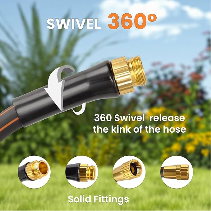 Giraffe Tools Garden Hose 25 ft, Heavy Duty Black Garden Hose 5/8 in., Rubber Water Hose, No-Kink, Leakproof Gardening Hose with Male to Female Fittings, Black and Orange