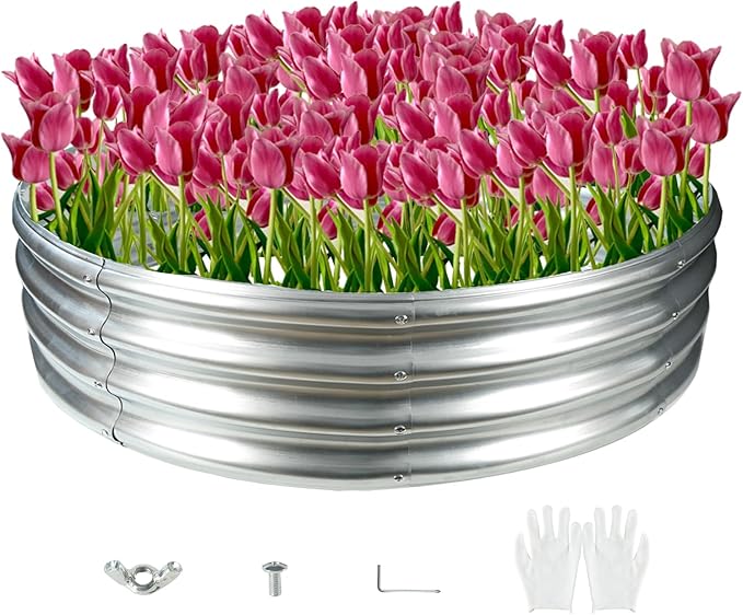 Durable Round Galvanized Steel Raised Garden Bed for Planting,Round Galvanized Steel Fire Ring/Fir Pit for Outdoor- 4×4×1FT,0.8MM Thick Black (47 ins Diameter x 12 ins high, Silver)