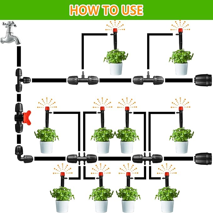 Drip Irrigation Fittings Kit for 1/2 Inch Tubing, 20 Pcs Set 1/2'' Drip Line Anti-Drop Barbed Locked Nut Connectors - 4 Tees,3 Valves,4 Reducing Tee,3 Reducing Tee 6 Way Connectors,4 End Caps,2 Elbows