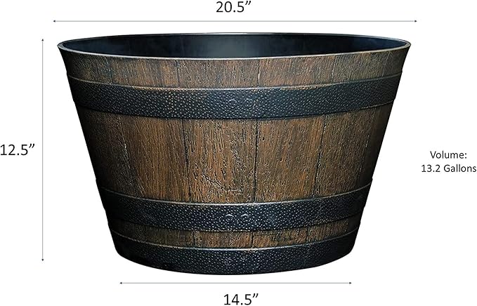 Classic Home and Garden Whiskey Plastic Resin Flower Pot Barrel Planter, Walnut Brown, 20.5"