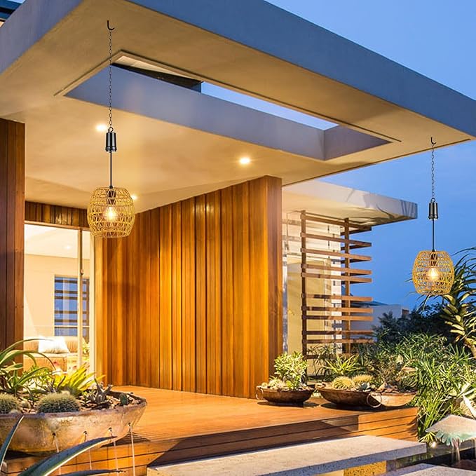 Battery Operated Outdoor Hanging Light with 6 Hours Timer, Outdoor Indoor Pendant Chandelier Rattan Lantern Waterproof Lamp Edison Bulb Lights for Gazebo Porch Garden Patio Home Decoration