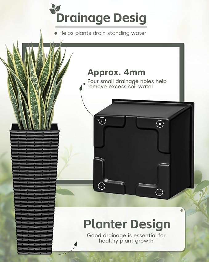 Greesum 24 Inch Tall Plastic Planters with Rattan Texture – Set of 2, Detachable Inner Pot & Drainage Holes, Indoor/Outdoor Decorative Flower Pots for Large Plants, Trees, Patio, and Garden, Black