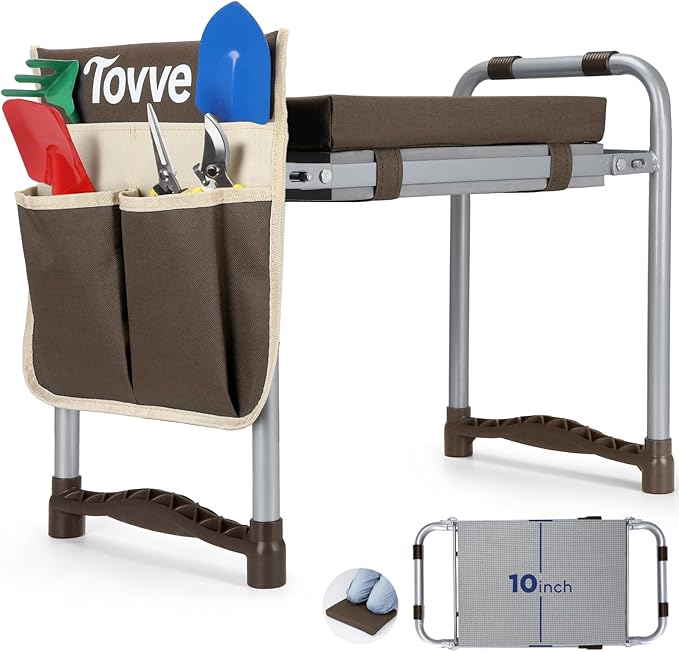 Foldable Garden Kneeler and Seat, Heavy Duty Garden Stool with 10" Wide Detachable Kneeling Pad, Portable Garden Bench Chair with Large Garden Tool Bag, Gardening Gifts for Women, Seniors