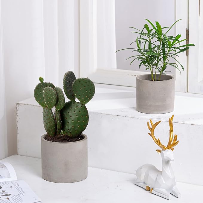 Ekirlin Planters for Indoor Plants, 3.5/4 Inch Plant Pots with Drainage Holes, Removable Rubber Stopper, Non-Slip Soft Pad - Grey Cement Concrete Planter for Most Indoor Outdoor Plants and Flowers