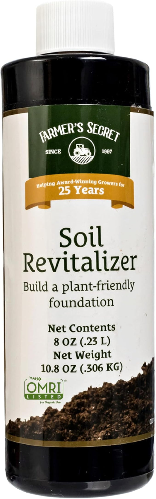 Farmer’s Secret Soil Revitalizer (8oz) - Organic (OMRI Listed) Soil Health Booster - Liquid Compost Soil Amendment - Activated Humic Acid - Liquid Compost Soil Amendment