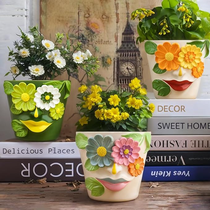 GUGUGO Unique Face Flower Plant Pots, Colorful Cute Succulent Planters with Drainage, Abstract Rainbow Head Flower Planters Pots for Indoor Plants, Funny Eclectic Home Décor (Blue&Pink, 5Inch)
