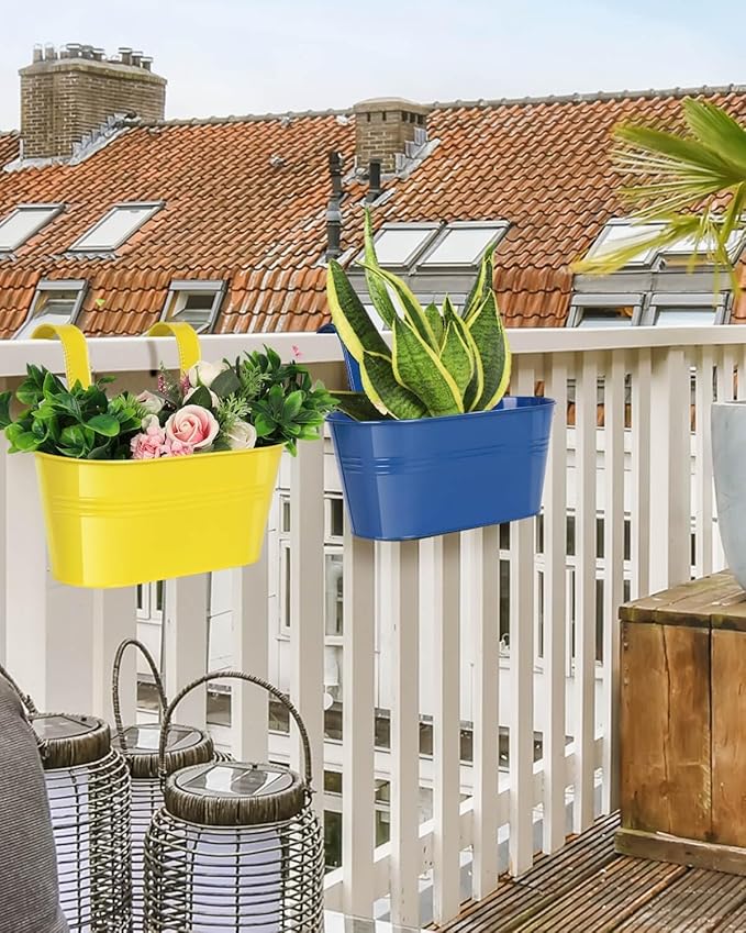 Metal Railing Planter for Outdoor Plants - 3 Pack Balcony Hanging Flower Pots with Detachable Hooks and Drain Holes Oval Bucket Rail Box Fence Planters for Home Garden Decor, Green Yellow Blue