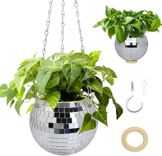 Disco Ball Planter, 6" Disco Planter with Hanging Chain & Hook & Ring Stand, Disco Ball Plant Hangers for Indoor and Outdoor Plants, Hanging Plant Holder(Silver, 1 Pack 6")