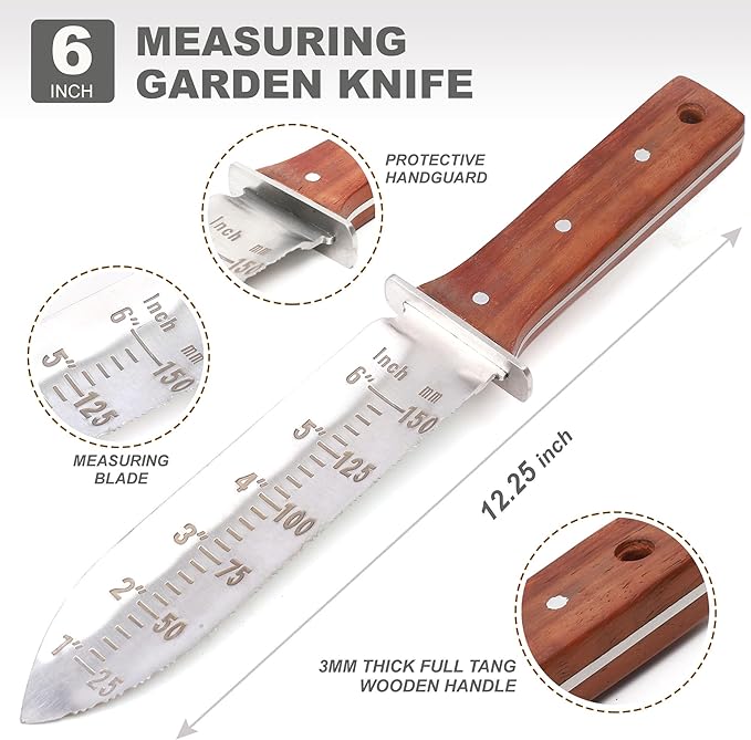Topline Hori Hori Garden Knife, Double-edge Stainless Steel Blade, Garden Knife with Leather Sheath for Digging, Weeding, Planting, Hori Hori Knife with Sharpener, Sharpening Stone Included