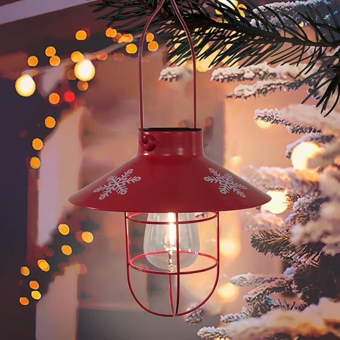 pearlstar Solar Lantern Outdoor Hanging Light Metal Solar Lamp with Warm White Edison Bulb Design for Christmas Holiday Home Garden Yard Patio Proch Decor (Red)
