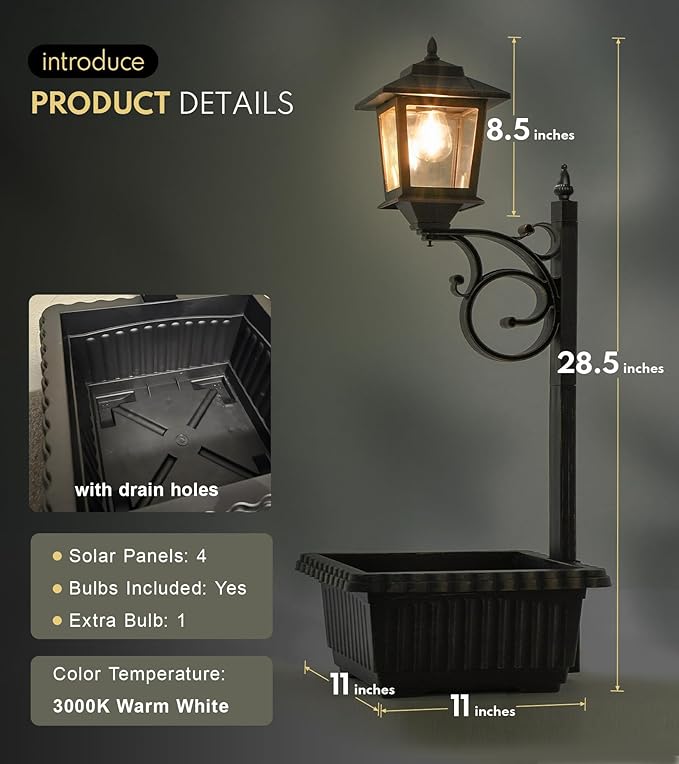 Outdoor Flower Pots 2 in 1, Outdoor Planter, Solar Lamp Post Lights Outdoor, Wall Mount or Freestanding Waterproof Solar Post Decorative Lamp for Lawn Patio Front/Back Door(Flowers not Included)