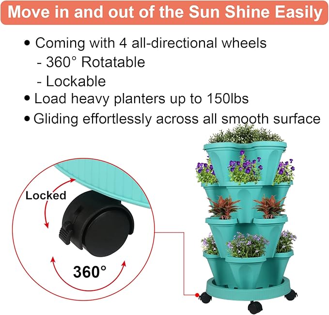 Vertical Planter 4 Tier Stackable Planters Garden Planters Strawberry Herb Flower and Vegetable Planter Indoor Outdoor Gardening Pots with Removable Wheels and Tools