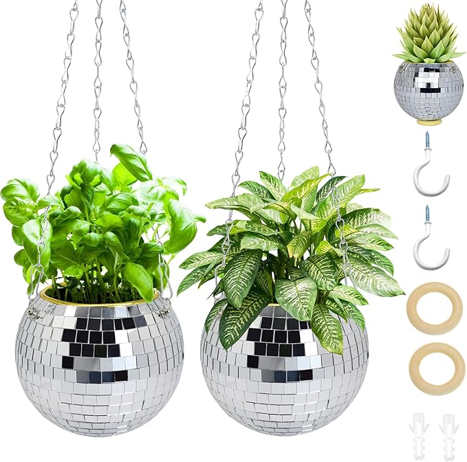 2Pcs Disco Ball Planter, 6"/8" Disco Planter with Hanging Chain & Hook & Ring Stand, Disco Ball Plant Hangers for Indoor and Outdoor Plants, Hanging Plant Holder (2Pcs 6", Silver)