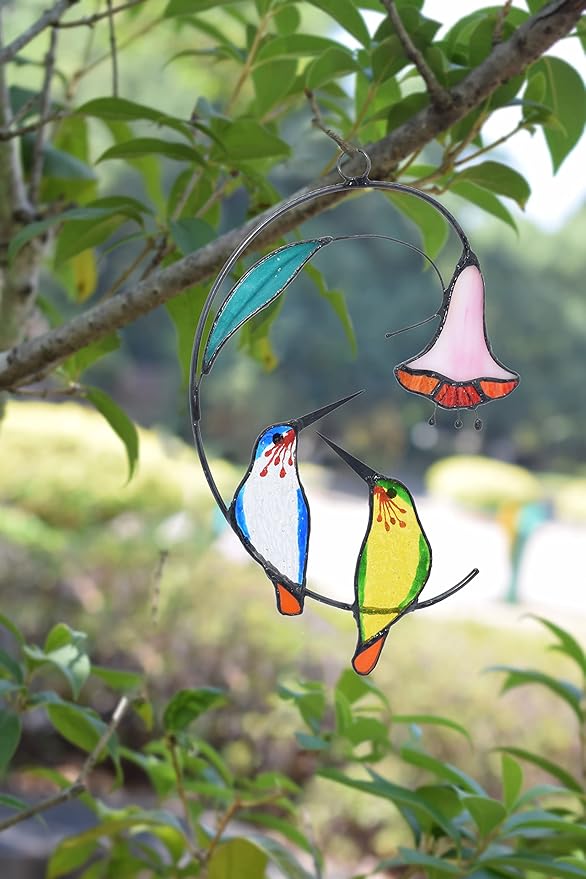 Lolitarcrafts Hummingbird with Flower Stained Glass Suncatcher Bird Stained Glass Window Hangings Hummingbird Gift for Home Decor (Green and Blue)