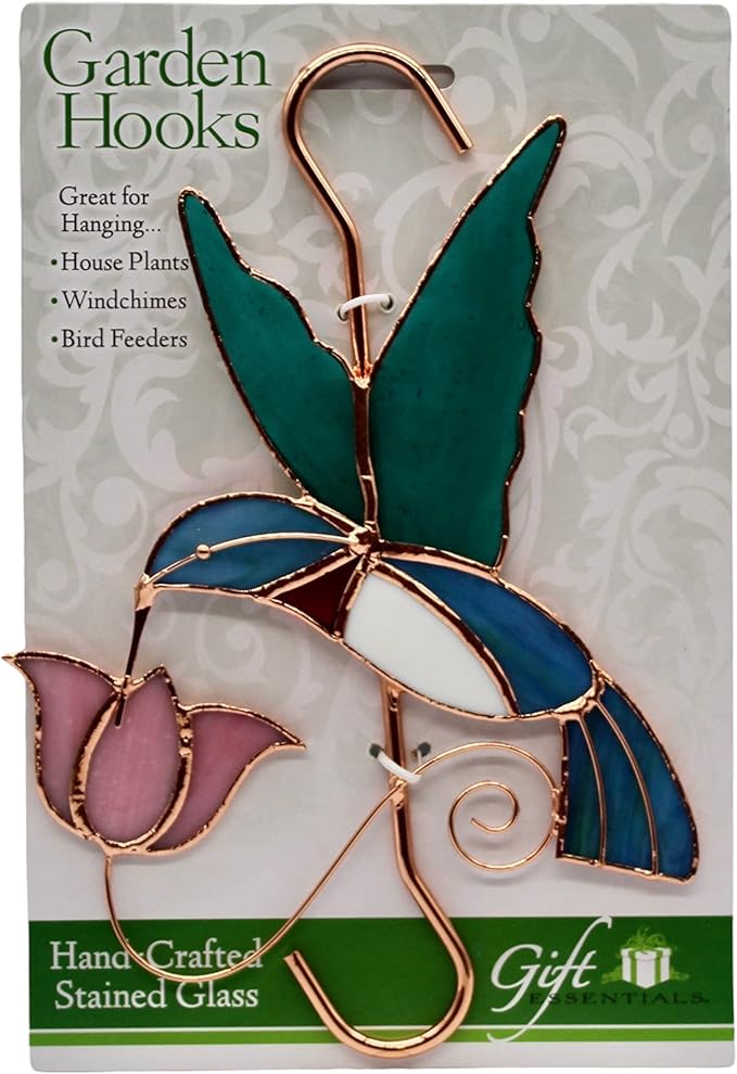 Plant Hanger Hook - Hummingbird with Pink Flower - Stained Glass Sun Catcher Plant Hook for Indoor and Outdoor Use - Copper S Hooks Top and Bottom