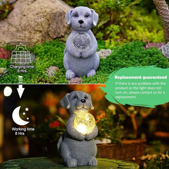 Solar Dog Garden Statues - 8.4 "Dog Decor with Gazing Ball Solar LED Lights, Unique Gifts for Mom Grandma Birthdays & Dog Lovers, Outdoor Decor for Outside Lawn Porch Patio (Gray)