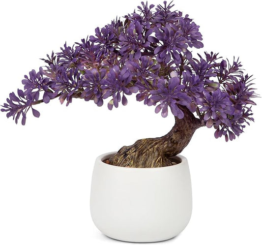 DILATATA Fake Bonsai Tree Zen Juniper Bonsai Plant 10” Tall Artificial Bonsai Trees with White Ceramic Pot Decorated with Pebbles Desk Plant Indoor Bonsai for Home Office Decor Purple