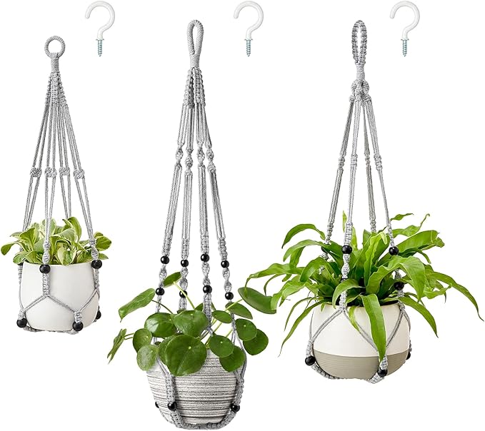 Mkono 3 Pack Macrame Plant Hangers Indoor Different Size Hanging Planter Basket Flower Pot Holder with Beads No Tassels 35"/29"/23", Medium, Grey