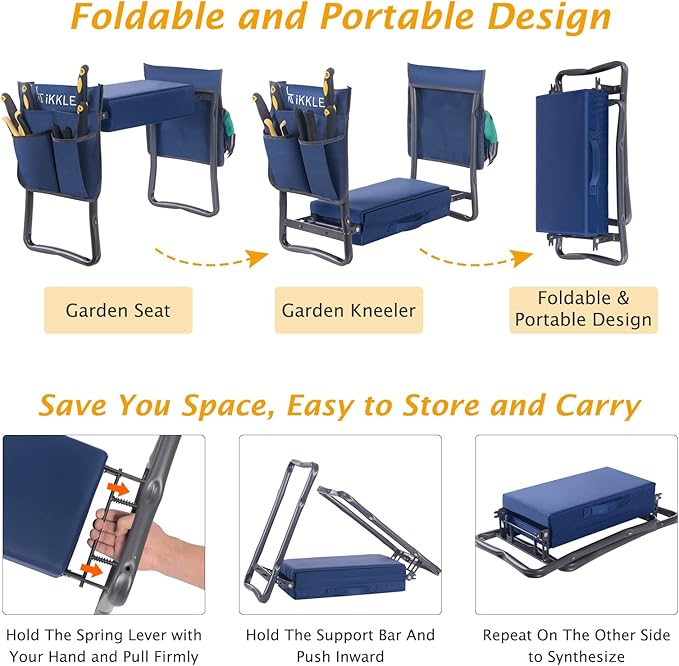 Patented Garden Kneeler and Seat Heavy Duty, Upgraded Garden Bench with Thicker Wider Soft Detachable Kneeling Pad, with 2 Tool Store Pouches, Nice for Mother Father Gardeners