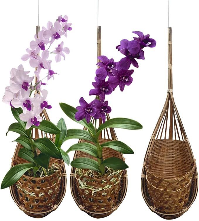 Handmade 100% Thai Bamboo Hanging Orchid Basket – 4 Inch Set of 3