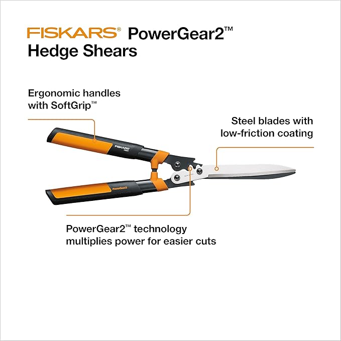 Fiskars 23-Inch Hedge Shears, Bush Trimmer with PowerGear2 Technology that Multiplies Power for Less Effort, SoftGrip Handles with Shock-Absorbing Bumpers