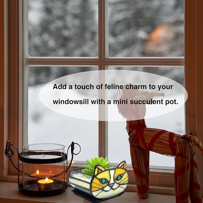 Stained Glass Yellow Cat Flower Pot,Small Succulent Planter for Indoor Plants,Cat Plant Decoration for Windowsill 4.33x3.54x2.95 in(Excluding Plants)