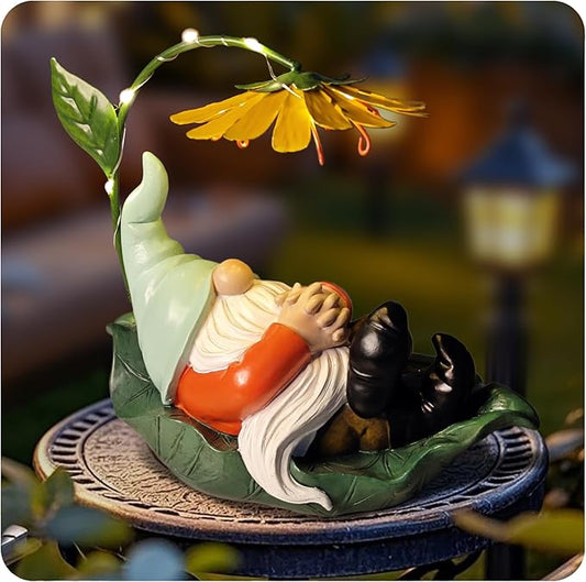 Solar Powered Gnome Garden Statue - Resin Gnome on Green Leaf with Large Yellow Stamen Sunshade, LED Lights Decorations, for Women Men, Outdoor Decor Ornaments for Outside