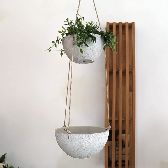 LA JOLIE MUSE 2 Tier Hanging Planters for Indoor & Outdoor Plants - Modern Flower Pots with Rope, Garden Planters with Drain Holes, Speckled White