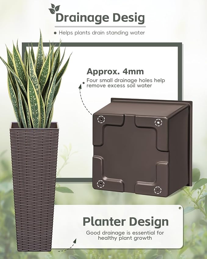 Greesum 24 Inch Tall Plastic Planters with Rattan Texture – Set of 2, Detachable Inner Pot & Drainage Holes, Indoor/Outdoor Decorative Flower Pots for Large Plants, Trees, Patio, and Garden, Brown