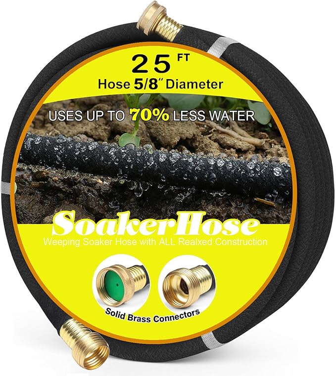 Soaker Hose 25FT 5/8" Diameter for Garden Beds Solid Brass Interface Irrigation Save 70% Water Heavy Duty Rubber Great for gardens/flower beds