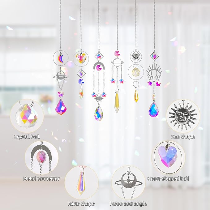 Sun Catchers 6Pieces Colorful Crystals Suncatcher with Chain Pendant Ornaments Hanging Crystals Prism Rainbow for Window Home Indoor Outdoor Car Mirror Garden Christmas Day Party Wedding Decoration