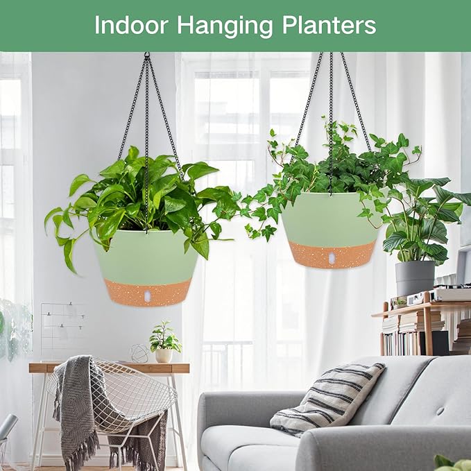 QCQHDU 2 Pack 10 inch Hanging Planters for Indoor Plants, Outdoor Hanging Baskets, Self Watering Pots with Drainage Holes & Removable Tray (Green, 10 inch)