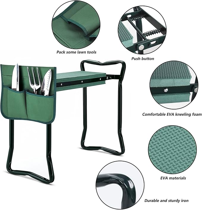 Garden Kneeler Seat Gardening Stool Garden Bench Foldable Portable Garden Knee Stools with Tool Bag Pouch Soft EVA Foam Kneeling Pad