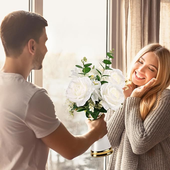 LoveLin Artificial Faux Flowers with Ceramic Vases,Affordable Luxury Artwork,Housewarming New Year Xmas Box for Wife Father,Living Dining Room Bedroom Office Hotel Home Decor White