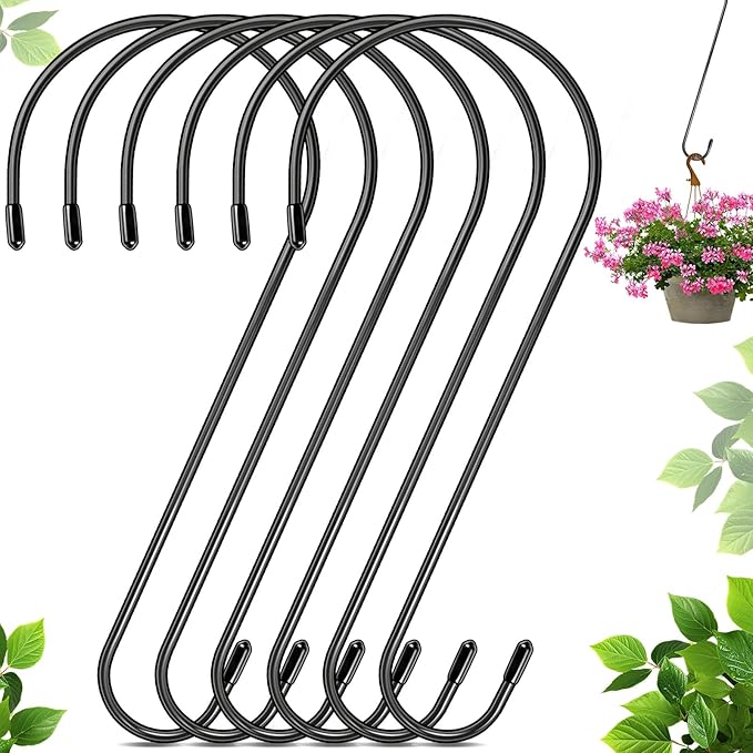 6 Pack 12 Inch Extra Large S Hooks for Hanging Plants, Rust-Proof Heavy Duty Tree Branch Hooks Plant Hooks Outdoor for Hanging Bird Feeder,Patio,Indoor Uses