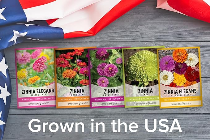 Gardeners Basics, Zinnia Seeds for Planting Outdoors Flower Seeds (5 Variety Pack) Thumbelina, Lilliput, Envy, Purple Prince and Pompon Varieties for Butterflies, Bees, Pollinators Wildflower Seed
