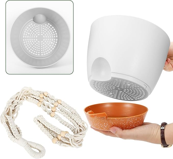 GARDIFE 8 Inch Hanging Planters with Macrame Plant Hanger for Indoor and Outdoor Plants, 2 Pack Large Self Watering Hanging Plant Pot with Basket Flower Pot with Drainage Hole, White