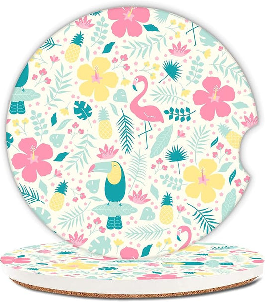 Tropical Flamingo Hibiscus Pineapple Car Coasters,Ceramic Absorbent Cup Holders with Finger Notch & Cork Base Car Assecories for Women/Men 2.6"(2 Pieces)