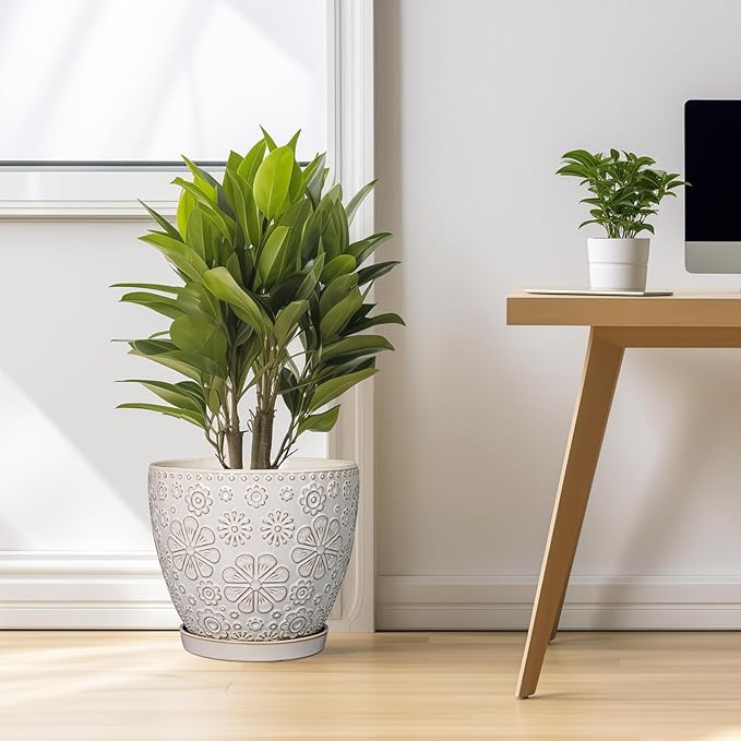 10 Inch Ceramic Planter Pot Large Plant Pot for Indoor Plants Outdoor Round Flower Pot with Drainage Hole and Saucer for Home Garden Decor White