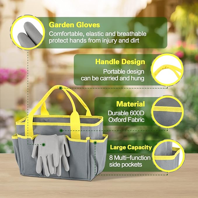 iPower Garden Tool Set, 8 Piece Heavy-Duty Stainless-Steel Garden Kit Includes Outdoor Hand Tools, Garden Gloves and Storage Tote Bag, Ergonomic Rubberized Non-Slip Handle