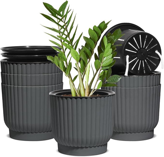 T4U 6 Inch Self Watering Pots for Indoor Plants, 6 Pack Planters for Indoor Plants, Durable Plastic Charcoal Gray Pots for Indoor Plants, African Violets, Flower