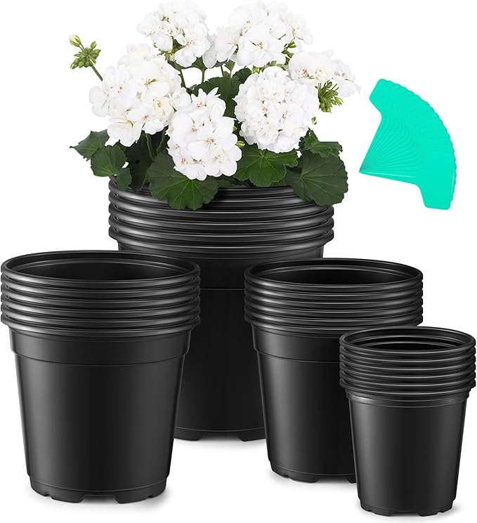 GROWNEER Nursery Pots with Drainage Holes Pack of 24 Pcs 3.5/4.5/5.5/6.5 Inch and Plant Label Flexible Seedling Pots Seed Starting Planter for Indoor Outdoor Flowers Succulents Cactus